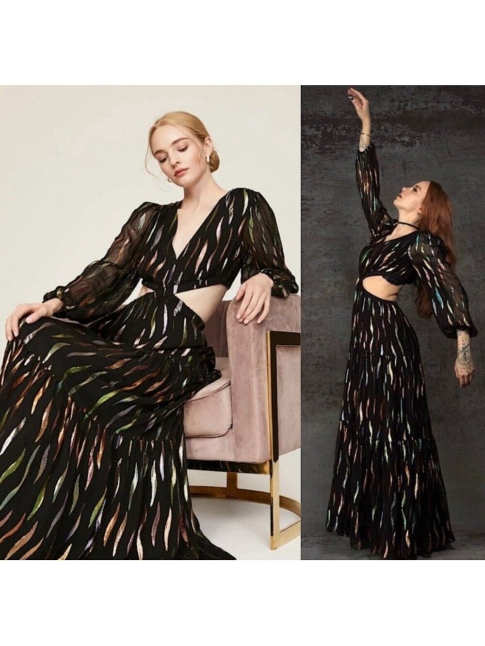 $625 Shoshanna Randi Gown Jet Iridescent Metallic Cut Out Maxi Designer 4 READ